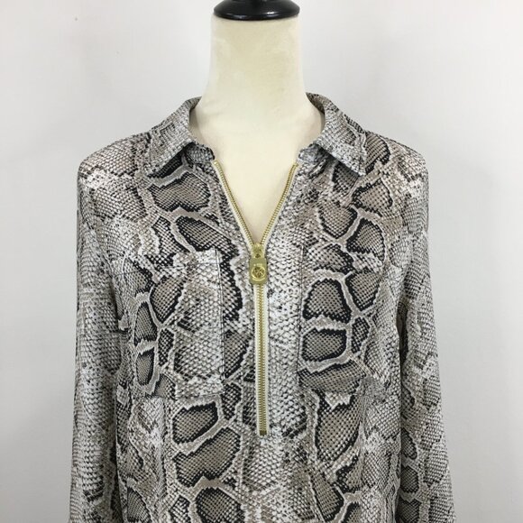 MICHAEL KORS Taupe Black White Snake Print Logo Zip Blouse Shirt - Picture 5 of 11